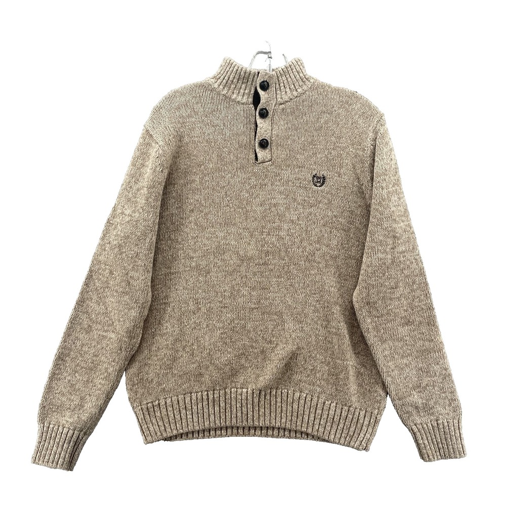 Chaps Henley Sweater Men's Small Beige Elbow Patch Fisherman Grandpa Preppy Golf